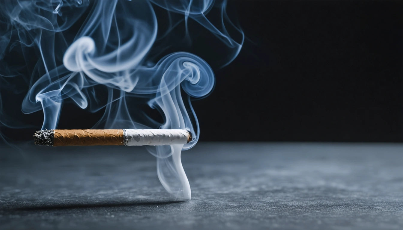 Lit cigarette with smoke swirling against a dark background, resting on a textured gray surface