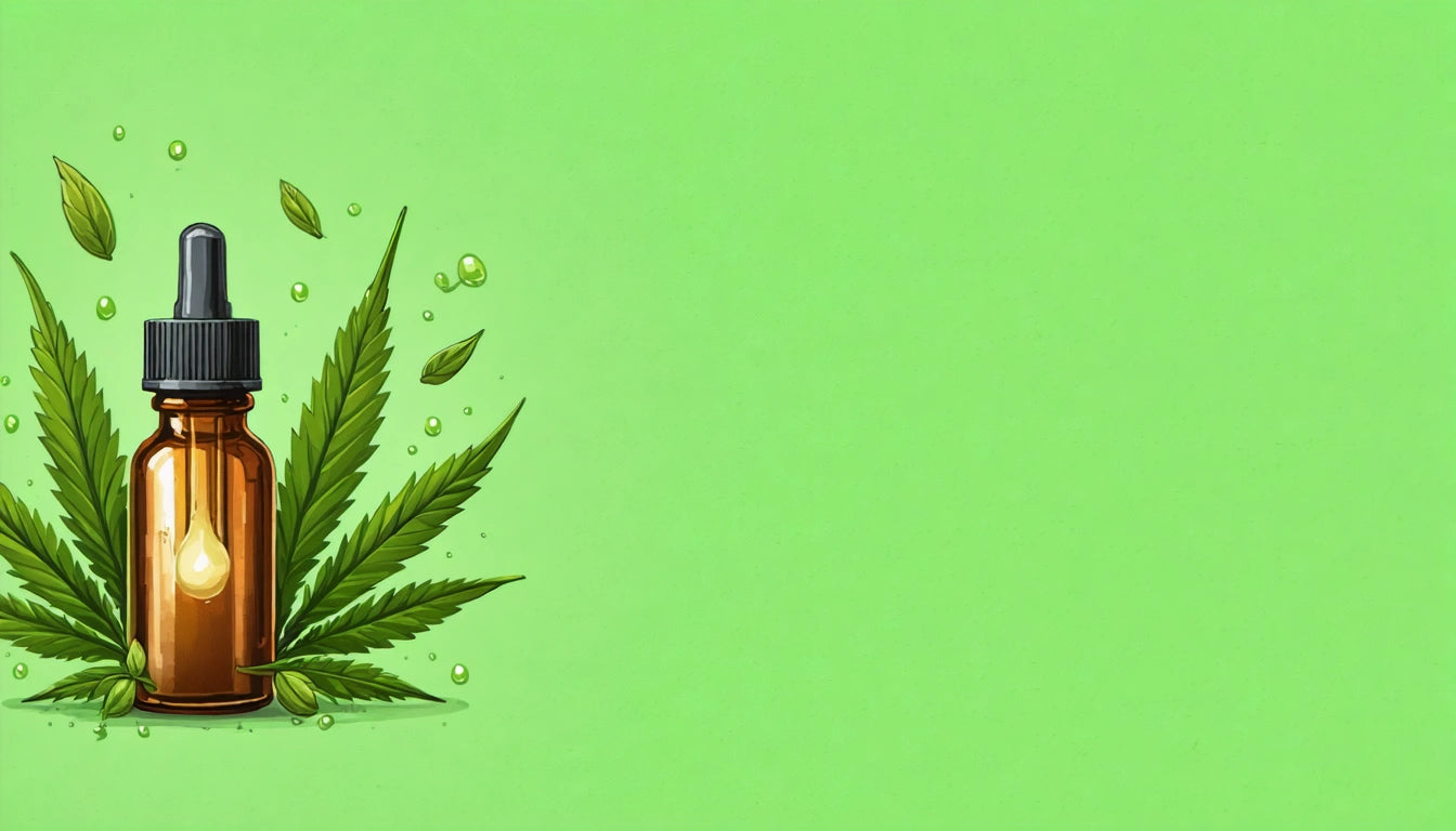 Brown dropper bottle with cannabis leaves and droplets on a bright green background