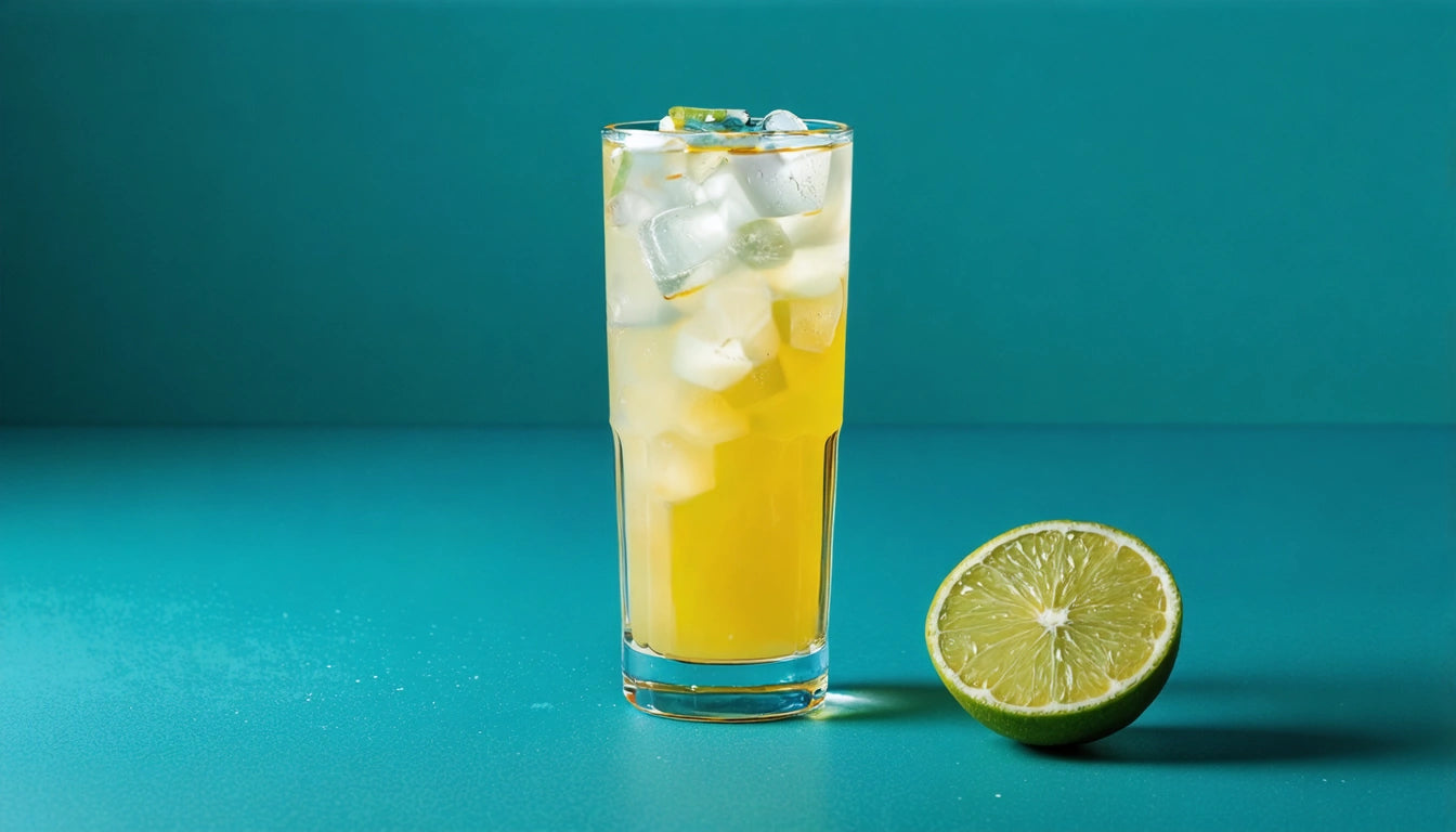 Tall glass of orange juice with ice cubes on teal surface, next to a halved lime