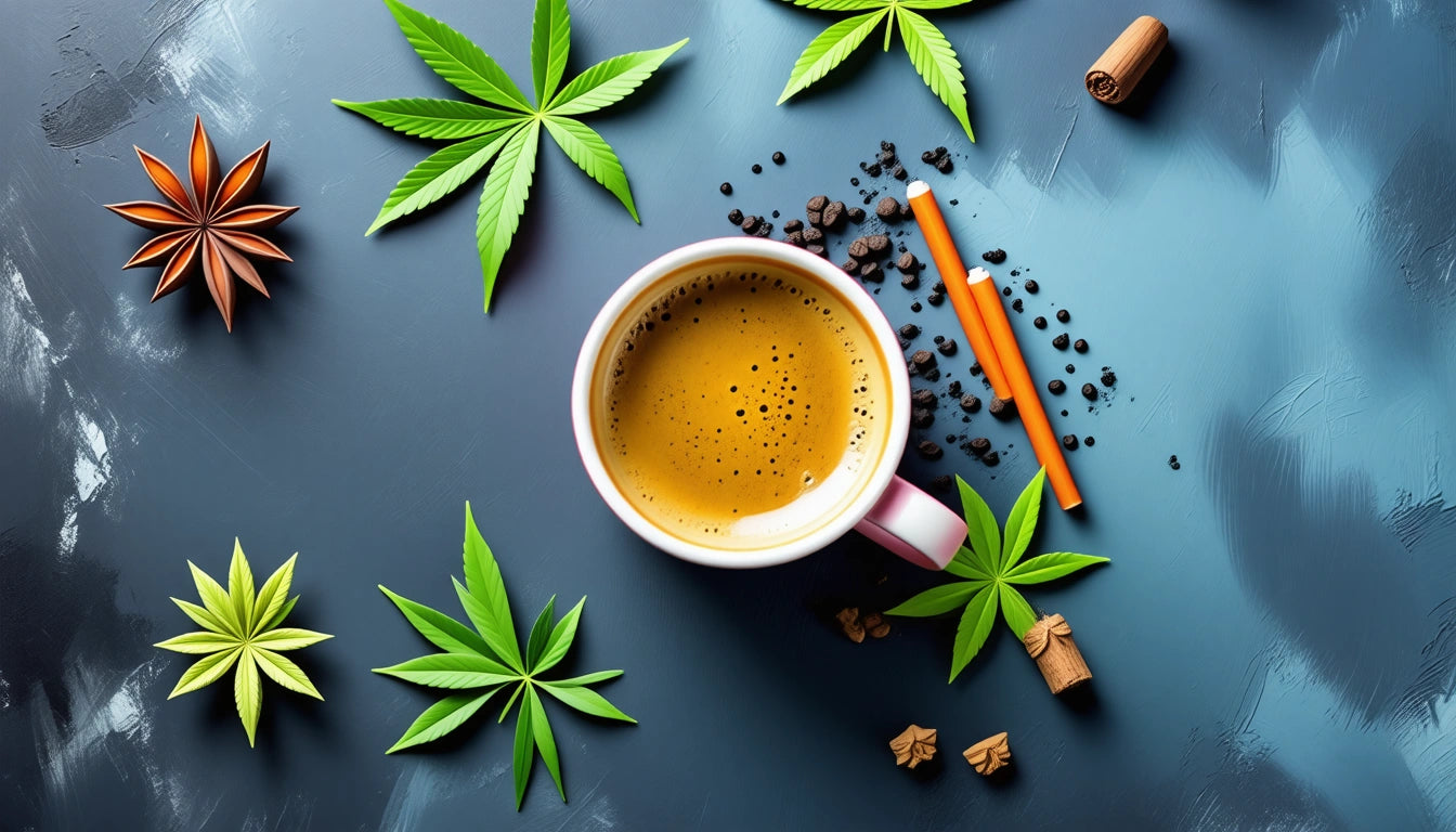Coffee cup on blue surface surrounded by green leaves, cinnamon sticks, star anise, and scattered coffee beans