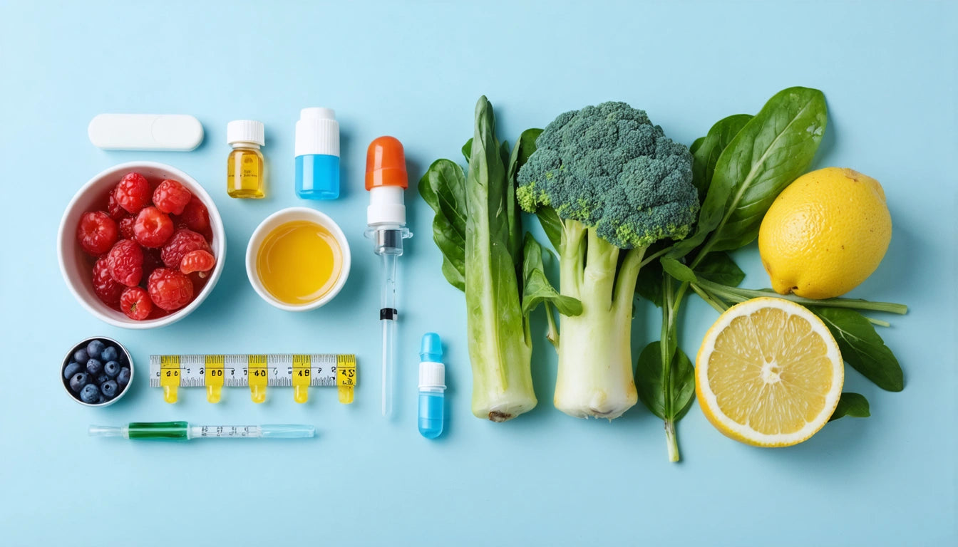Raspberries, blueberries, lemon, broccoli, spinach, medicine bottles, syringe, and tape measure on light blue background