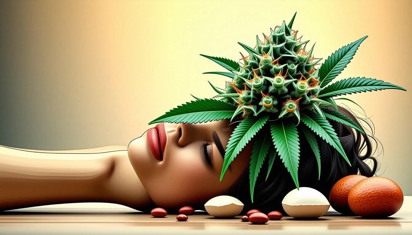 Woman's face with closed eyes, cannabis leaves and spiky plant on head, surrounded by eggs and red beans on a table