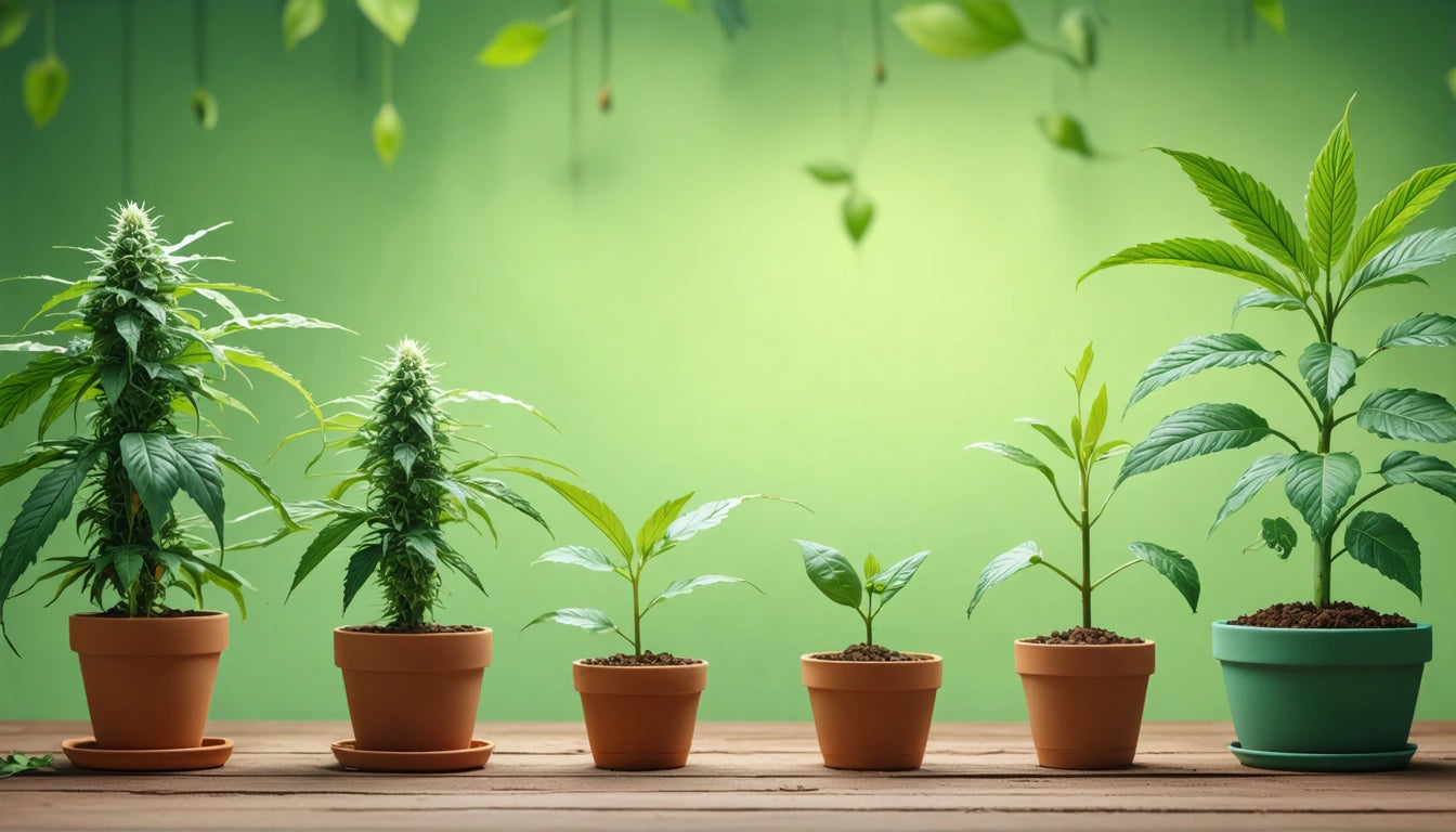 Potted plants of varying sizes on a wooden surface against a green background with hanging leaves