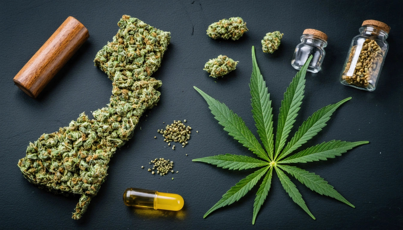 Wooden roller, cannabis buds, leaf, seeds, glass jars, and yellow capsule on dark surface