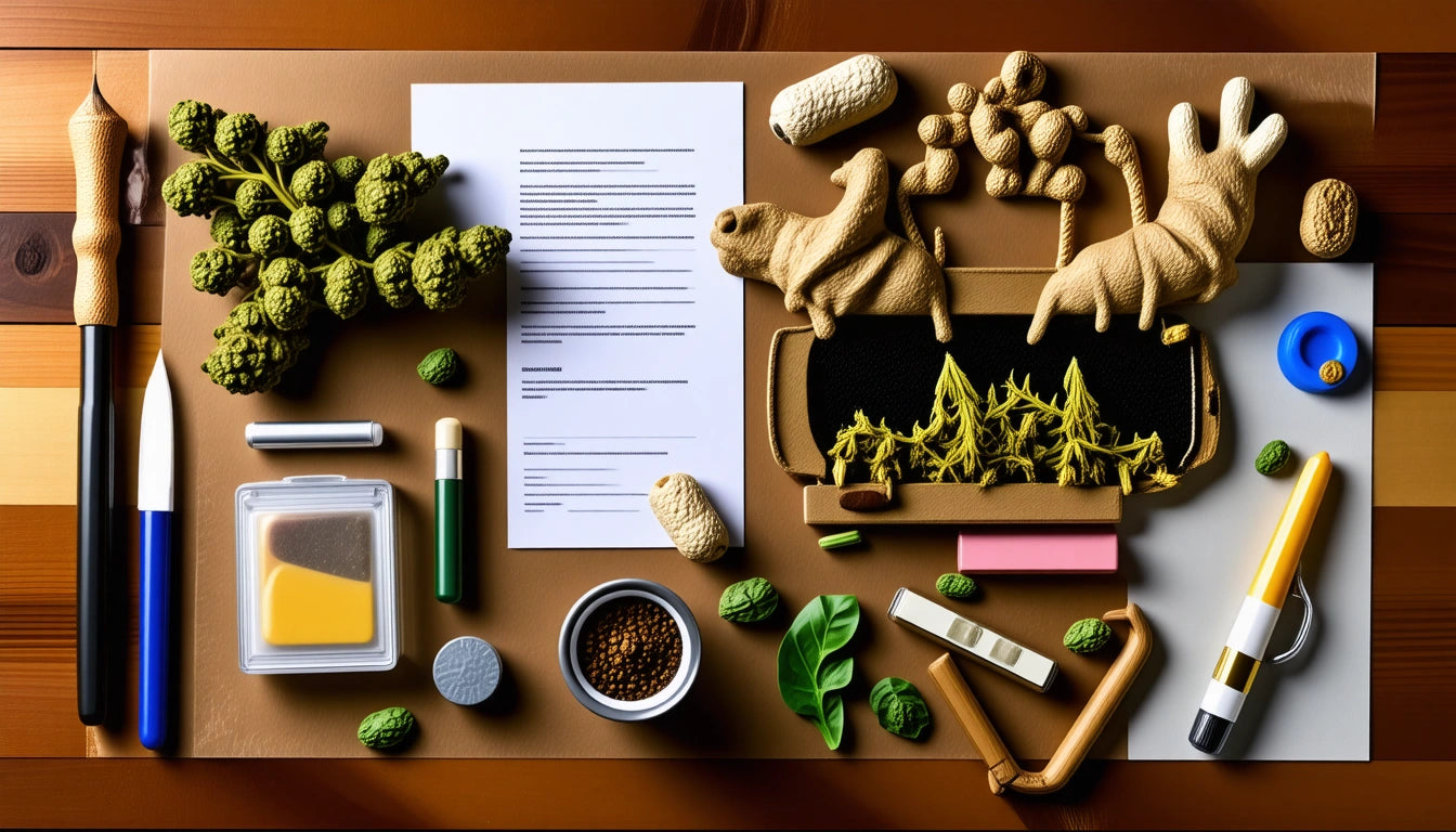 Brown table with scattered art supplies, paper, green broccoli, peanuts, ginger, and a small bowl of seeds