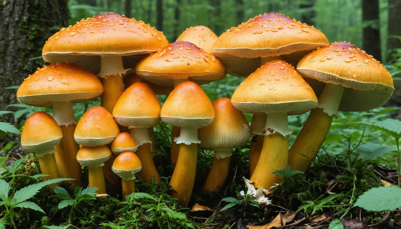 Cluster of orange mushrooms with white stems on forest floor, surrounded by green leaves and moss, tree trunk in background