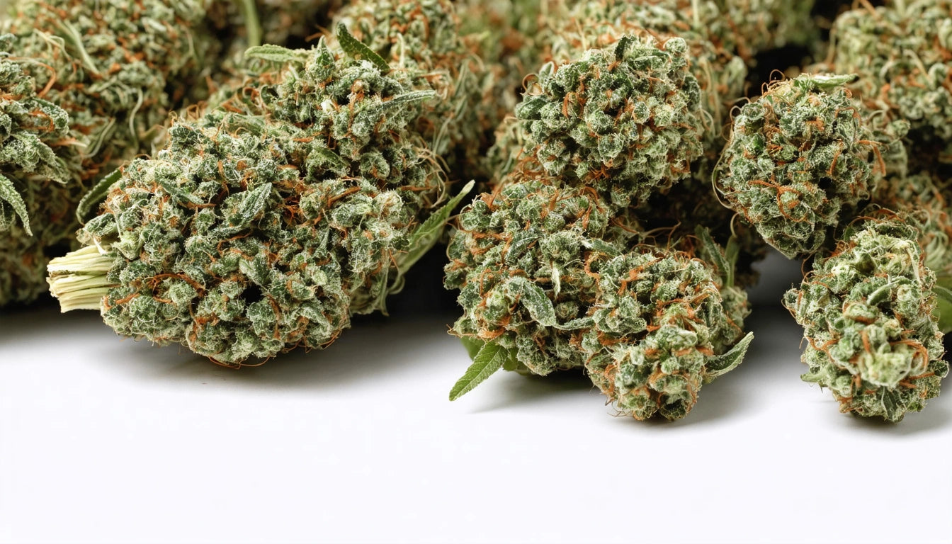 Dense clusters of green and orange plant buds with textured surfaces on a white background