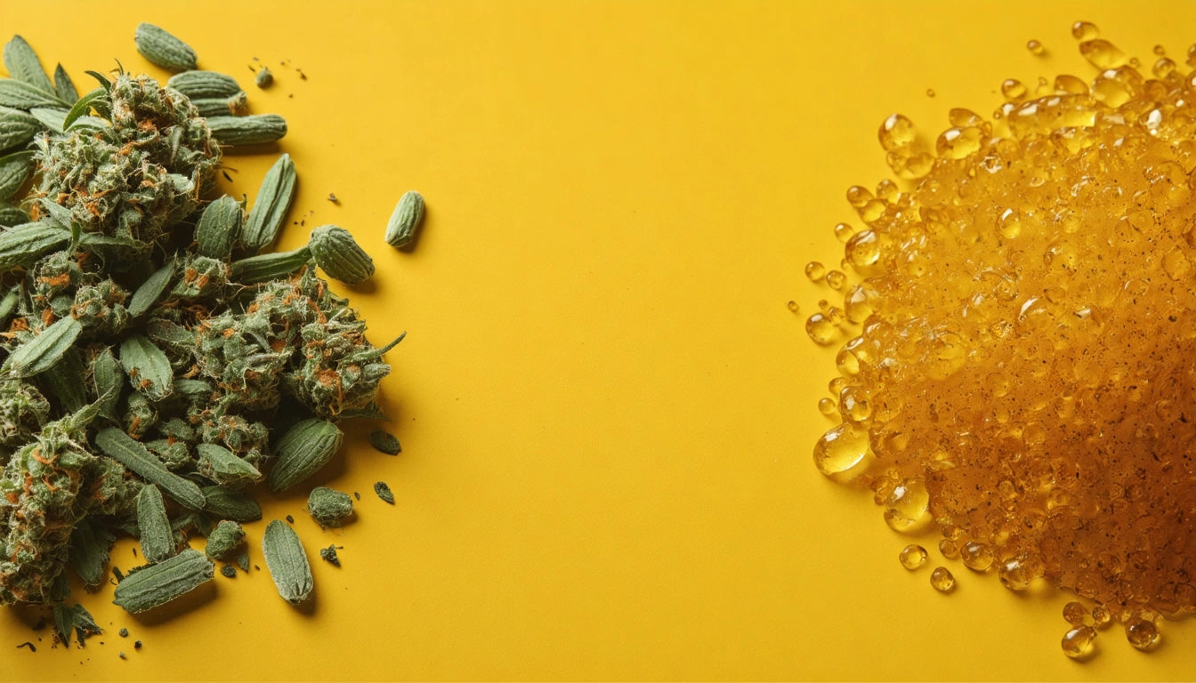 Green plant buds on left, amber-colored gel-like droplets on right, both on a yellow background
