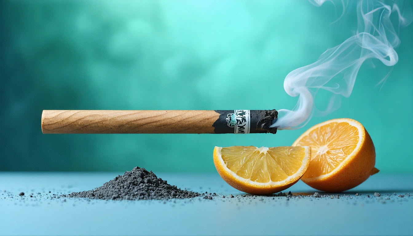 Burning cigar with smoke, next to a sliced orange and a small pile of ash on a blue surface, green background