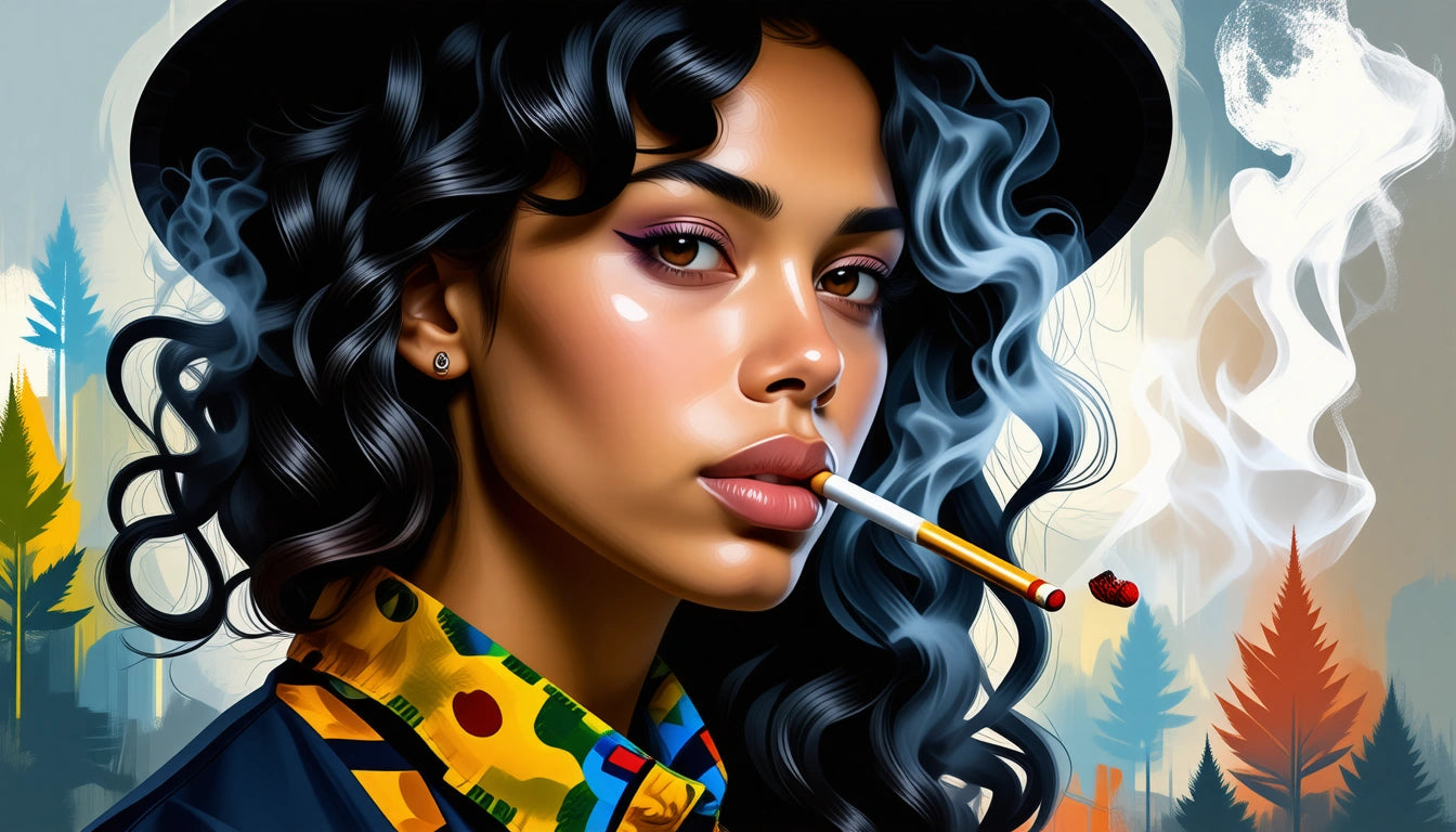 Woman with curly hair in a hat, smoking a cigarette, colorful shirt, smoke swirling, abstract tree background