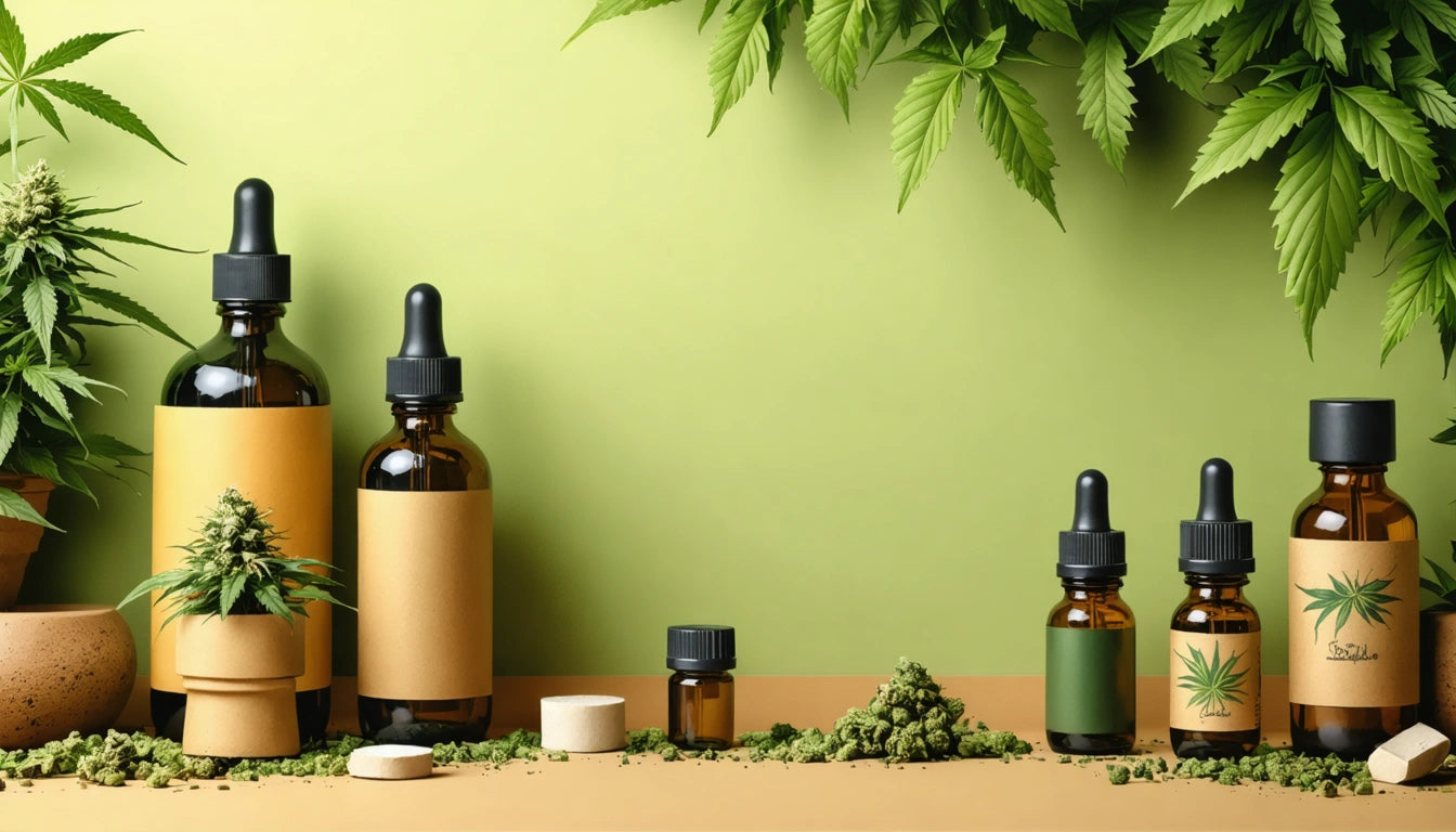 Brown glass bottles with droppers, cannabis leaves, and buds on a green background