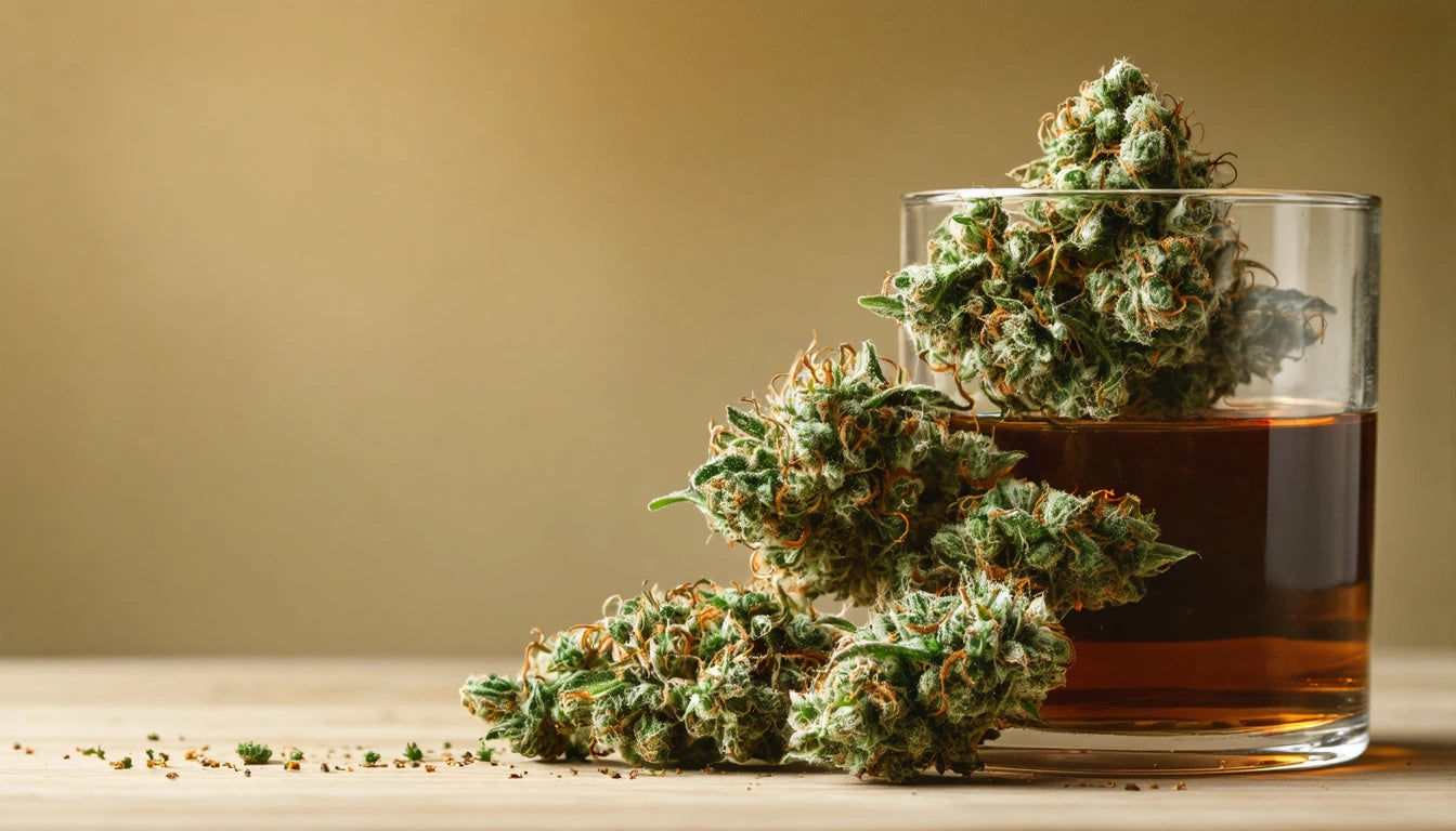Glass filled with amber liquid, topped with green, spiky plant buds on a wooden surface, against a beige background