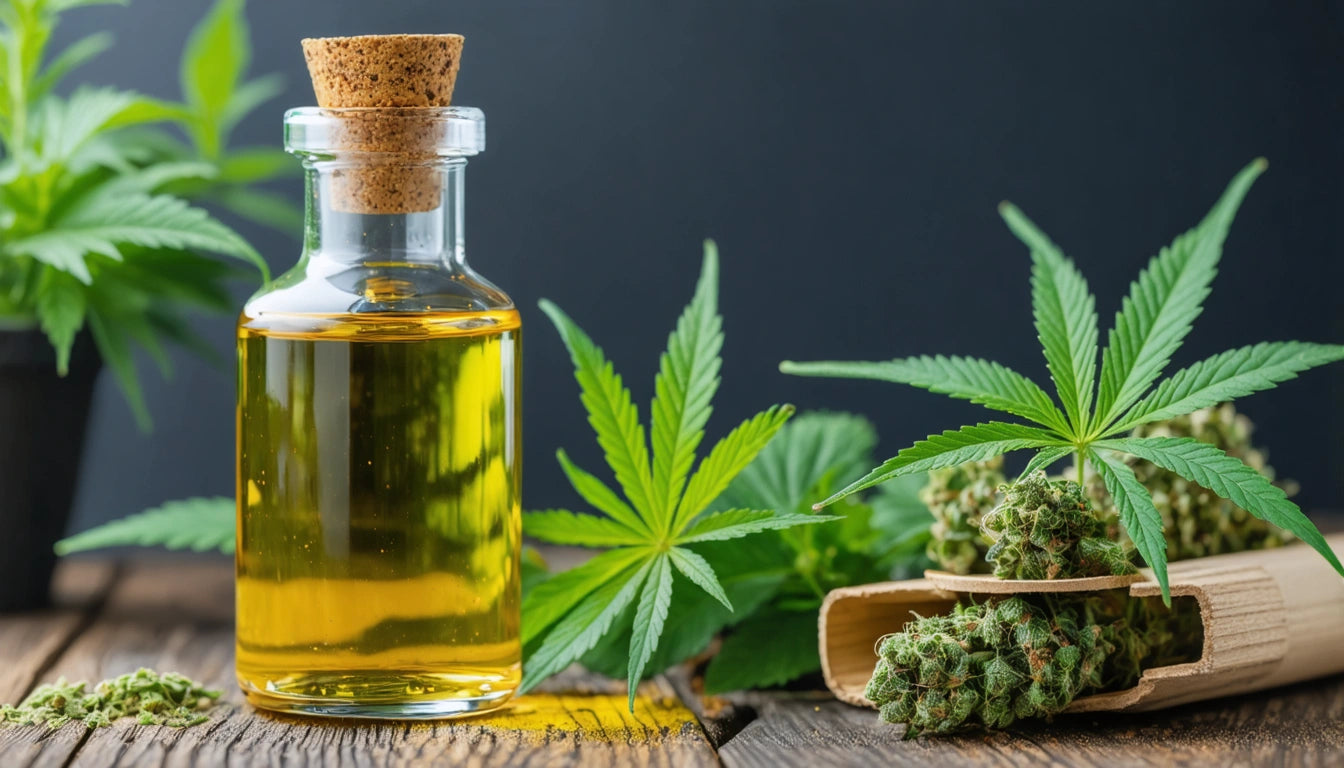 Glass bottle with yellow liquid, cork stopper, surrounded by green leaves and buds on a wooden surface