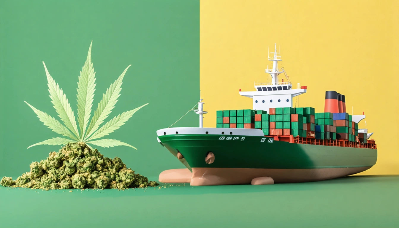 Green cargo ship with colorful containers next to a pile of green plant buds and a large leaf, split green and yellow background