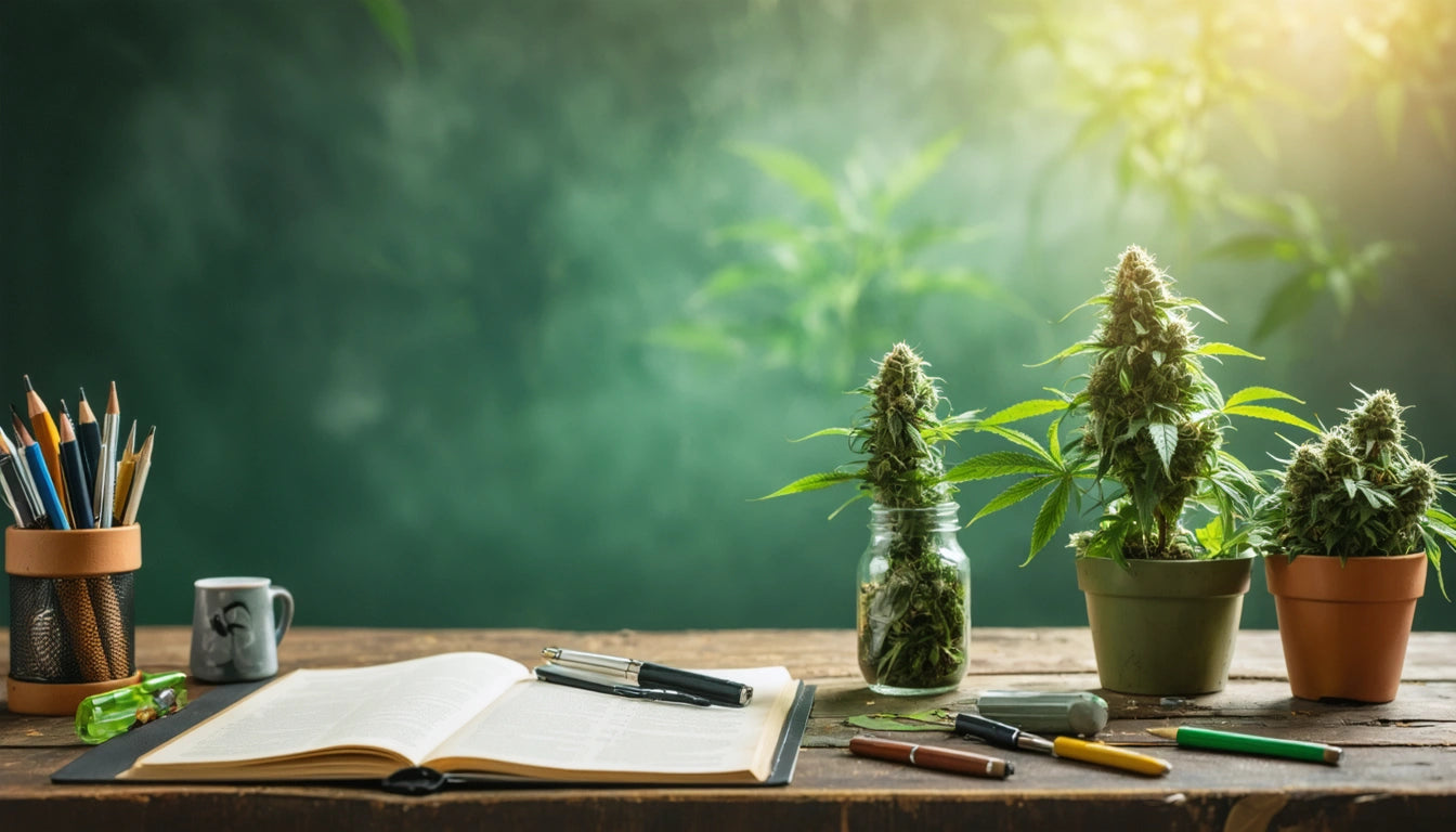 Open notebook with pens on wooden table, two potted plants in jars, green leafy background, soft sunlight from top right