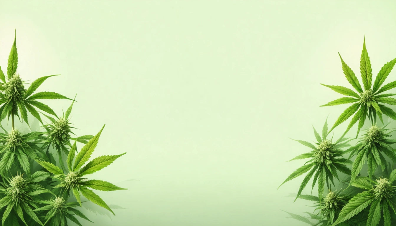 Green cannabis leaves and buds on both sides against a light green background