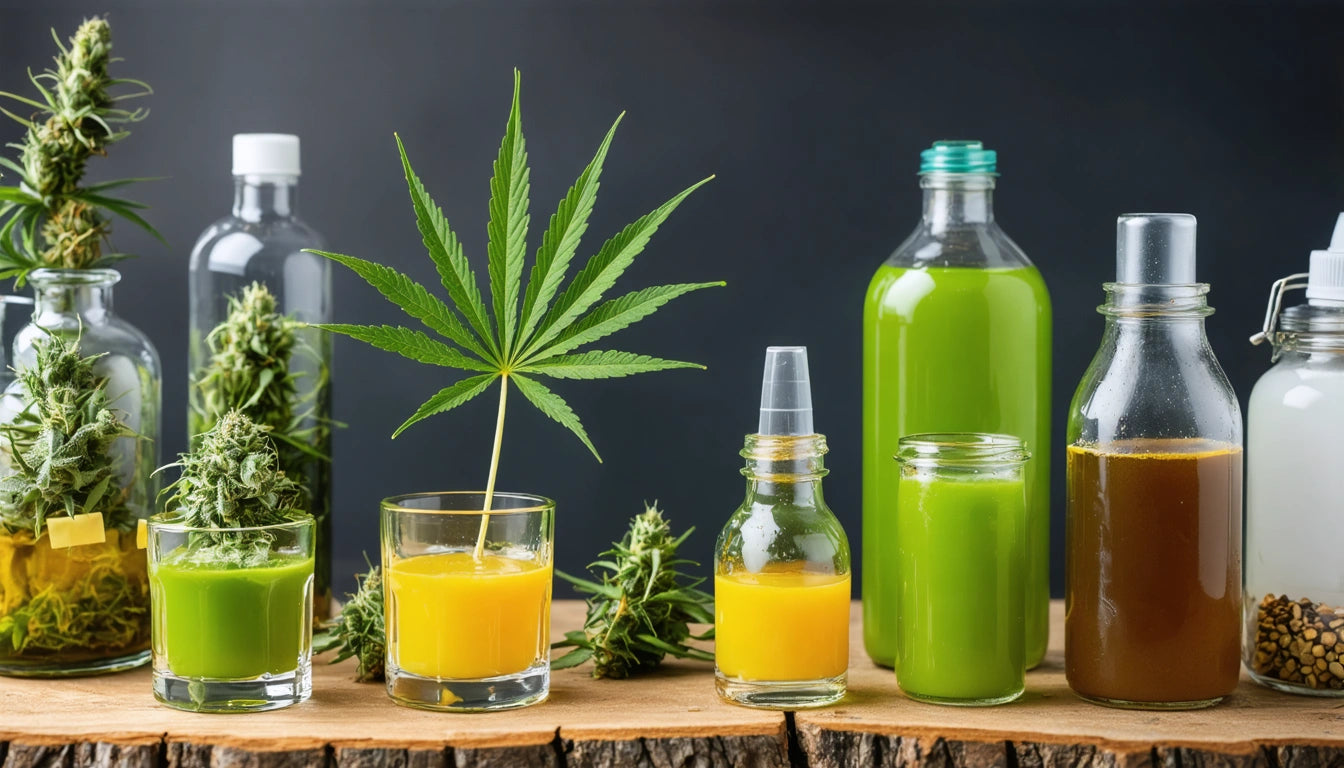 Various bottles and glasses with green and yellow liquids, cannabis leaves, and buds on a wooden surface