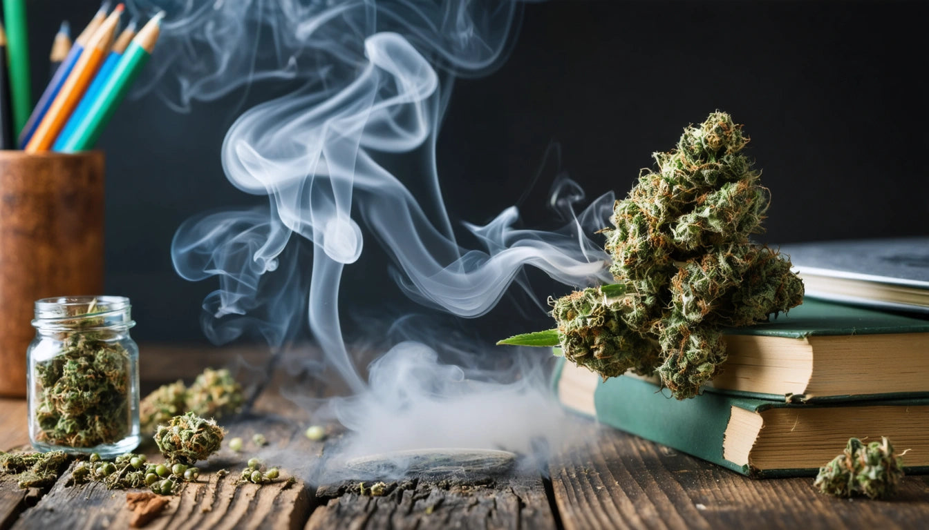 Smoke swirling above a wooden table with cannabis buds, a small jar, books, and colored pencils in a holder