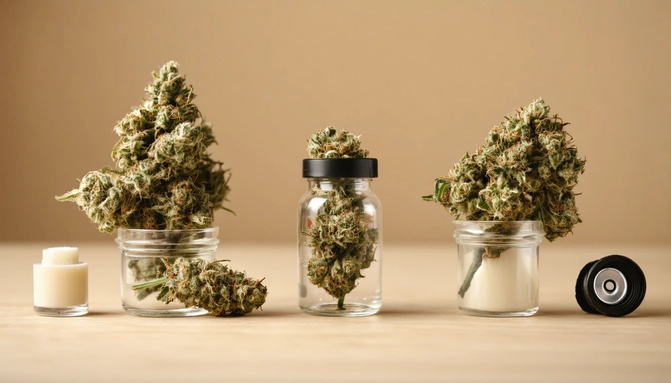 Three jars with cannabis buds, two small and one tall, on a wooden surface against a beige background