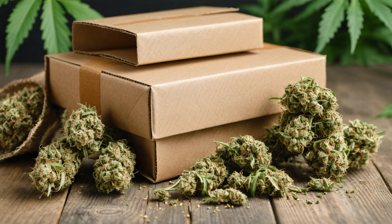 Two stacked brown cardboard boxes on a wooden surface, surrounded by clusters of green, leafy plants