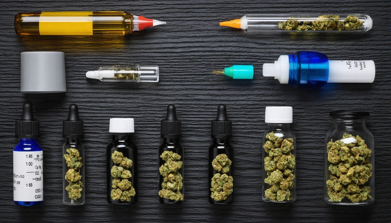 Various containers with green buds, droppers, syringes, and bottles arranged on a textured black surface