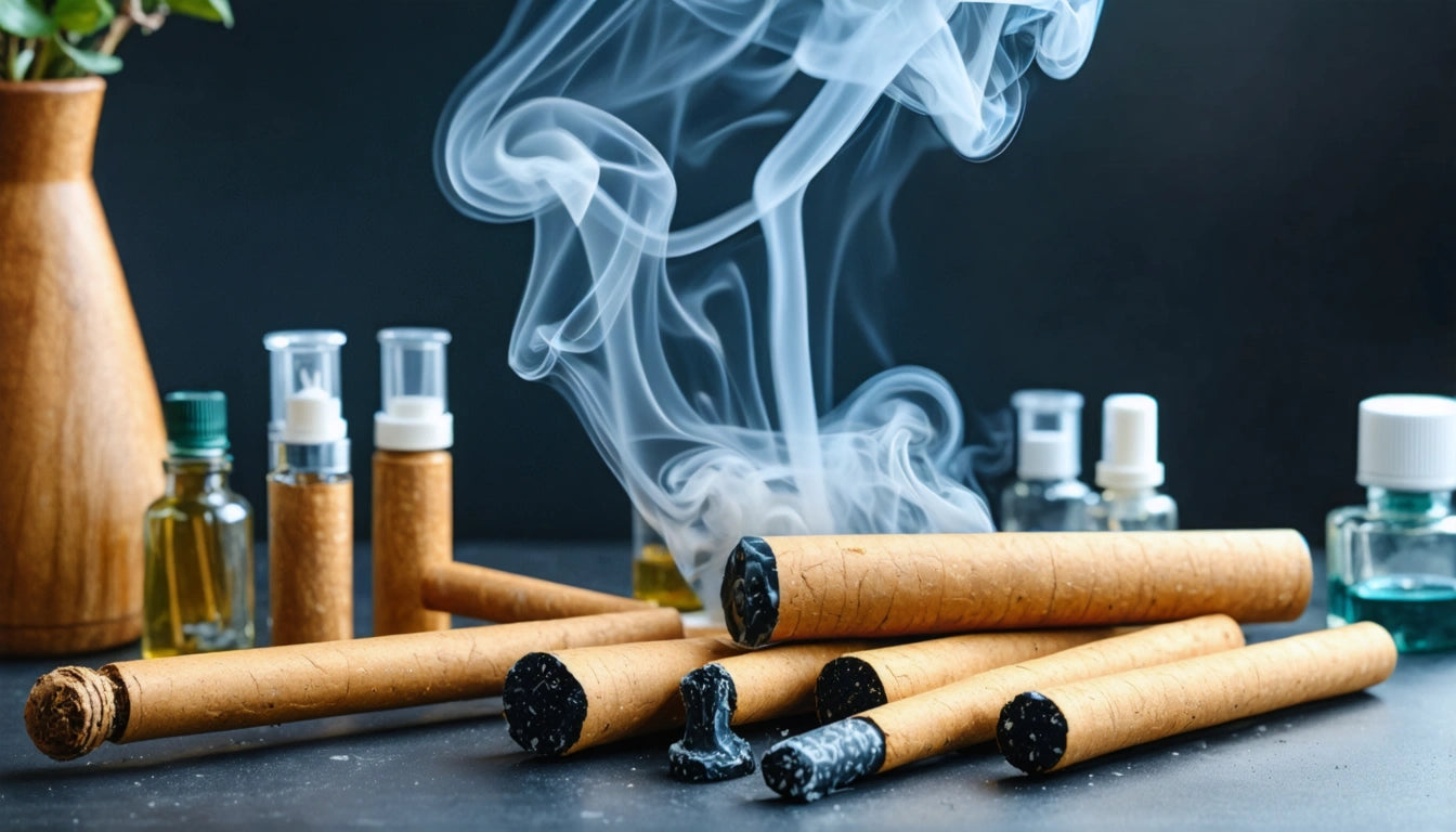 Several smoking incense sticks with swirling smoke, surrounded by small bottles on a dark surface