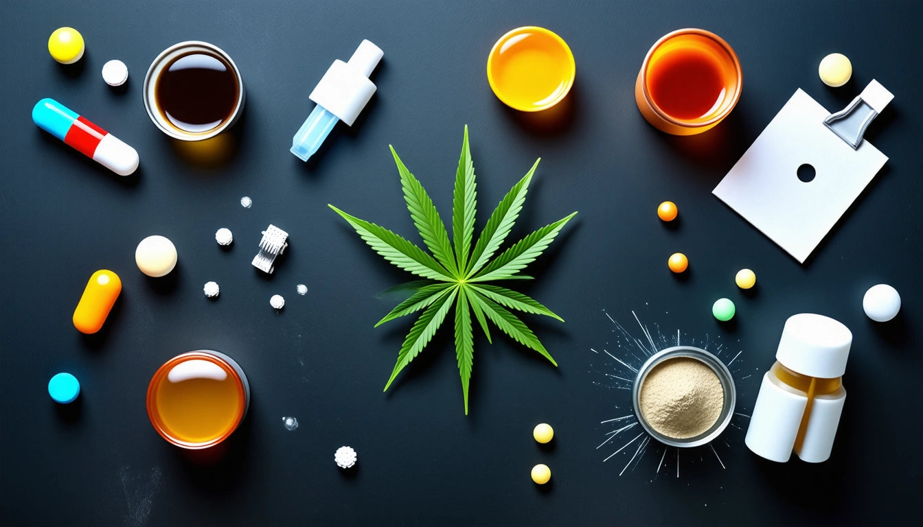 Green cannabis leaf surrounded by colorful pills, small bottles, droppers, and petri dishes on a dark surface