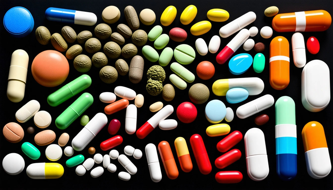 Various colorful pills and capsules scattered on a black surface, including round, oval, and cylindrical shapes in multiple sizes