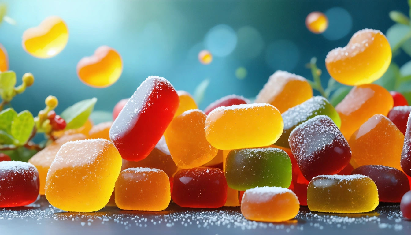 Colorful gummy candies dusted with sugar, stacked on a surface, with a blurred blue and green background