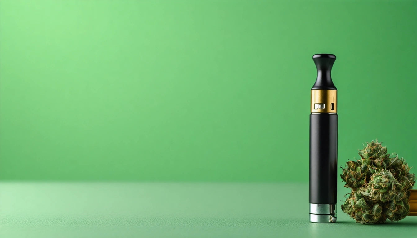 Black vape pen with gold accents next to cannabis buds on a green surface, green background
