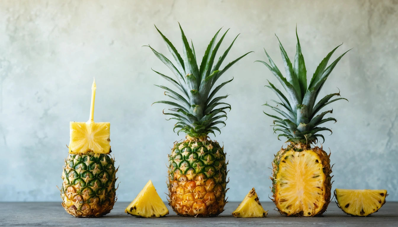 Three pineapples on a table, one with a straw and slice, one whole, and one cut in half, with wedges in front