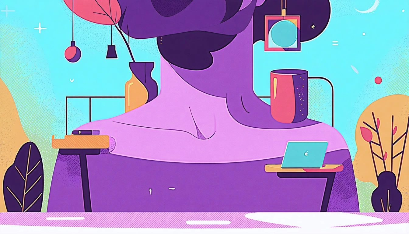 Abstract scene with purple shapes, a stylized face, a laptop on a table, vases, and plants against a blue background