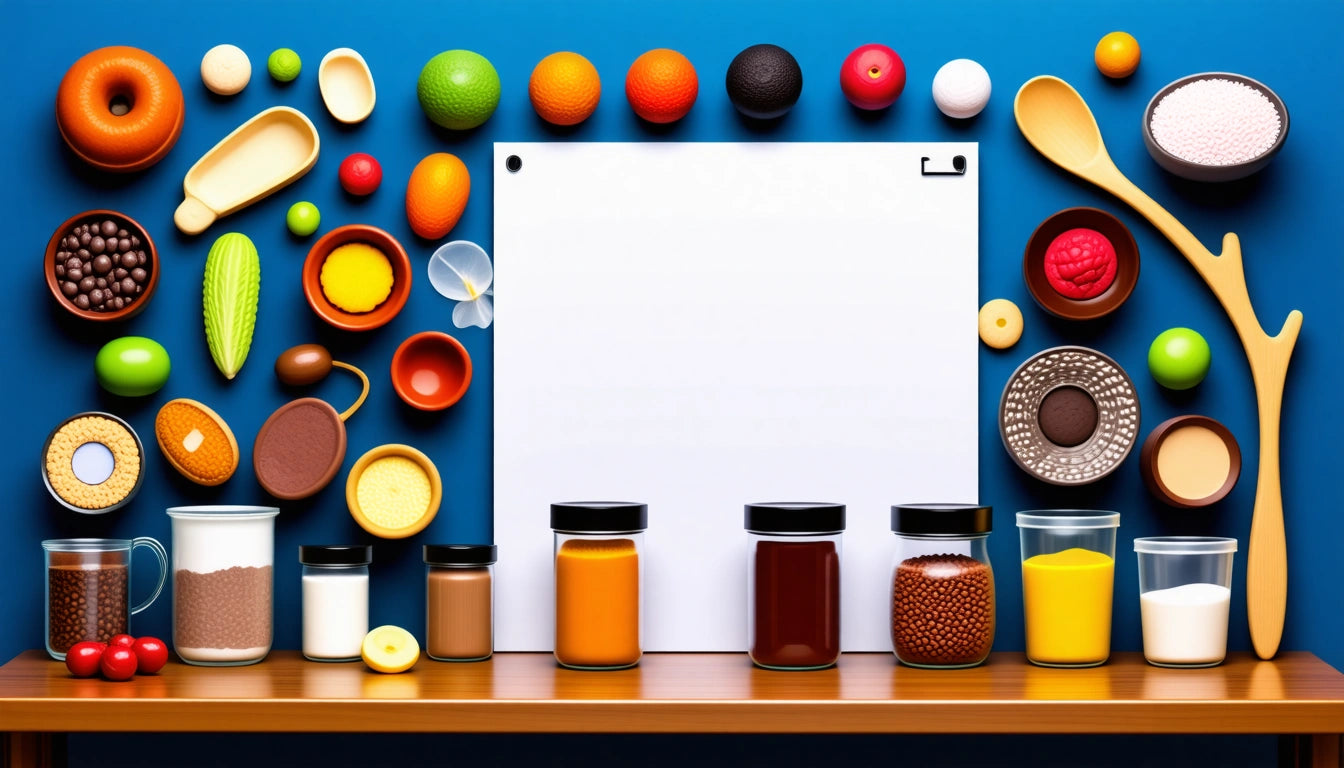 Whiteboard surrounded by colorful bowls, fruits, and jars on a wooden table against a blue background