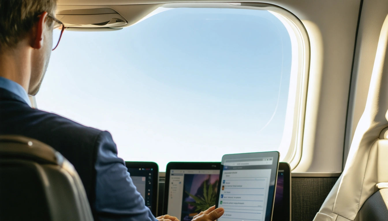 Man in suit using a laptop on an airplane, with two additional screens visible, bright daylight through window