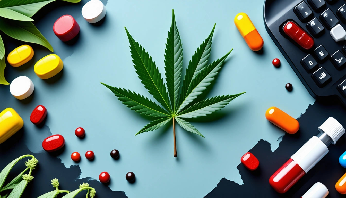 Cannabis leaf centered on blue surface, surrounded by colorful pills, capsules, keyboard corner, and plant leaves