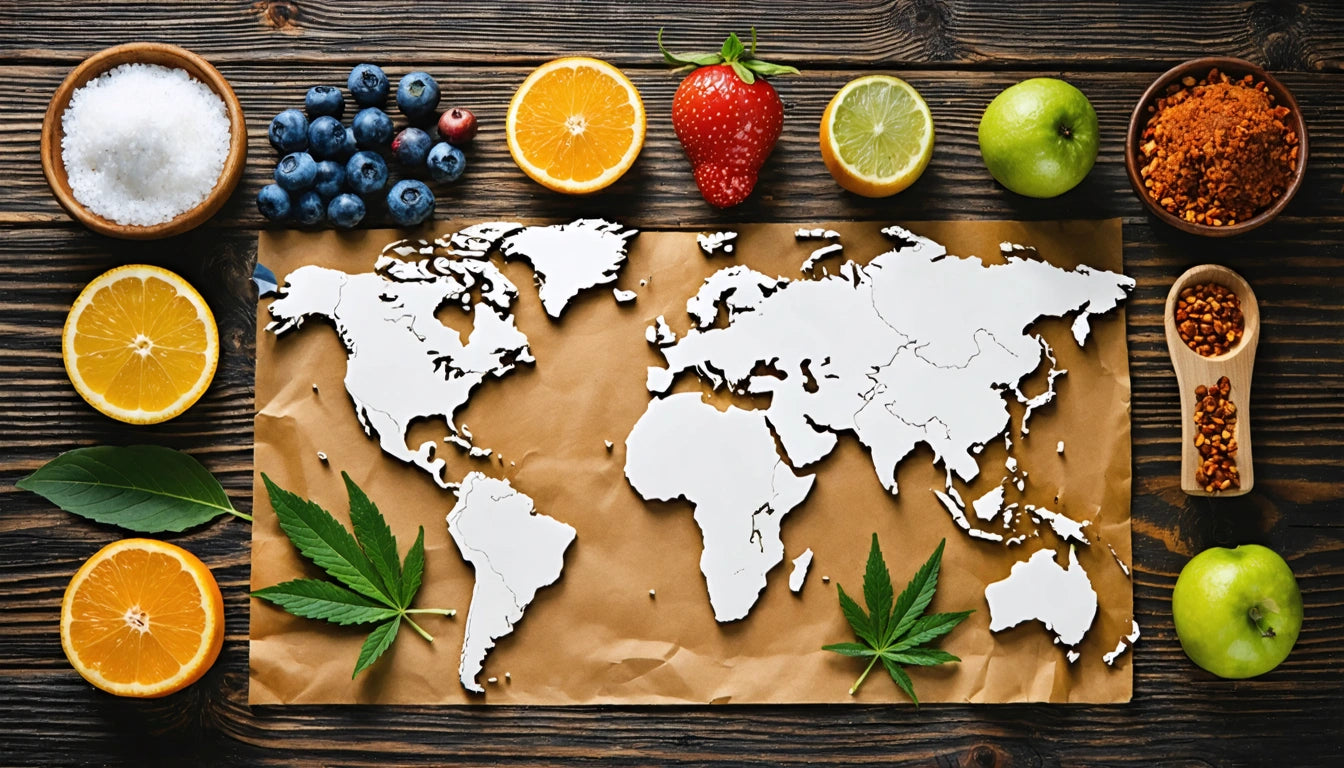 White world map cutouts on brown paper, surrounded by fruits, berries, salt, and leaves on a wooden surface