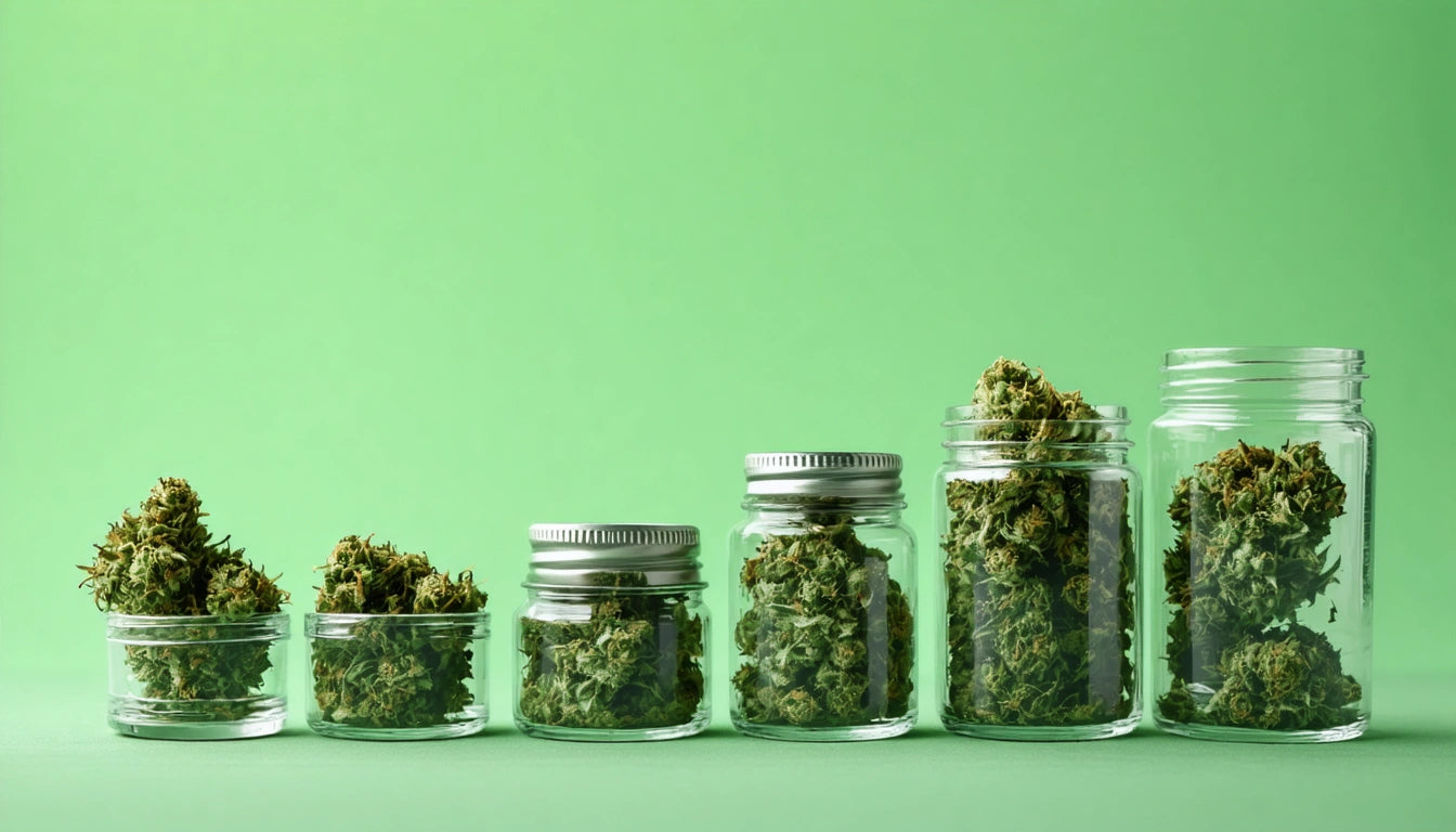 Glass jars of varying sizes filled with green plant buds, arranged in a row against a solid green background