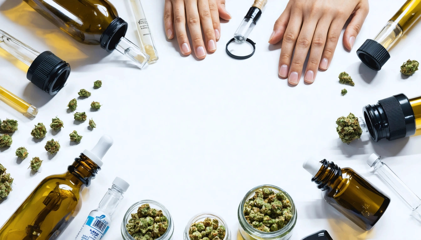 Hands on white surface surrounded by dropper bottles, jars with green buds, and small scattered buds