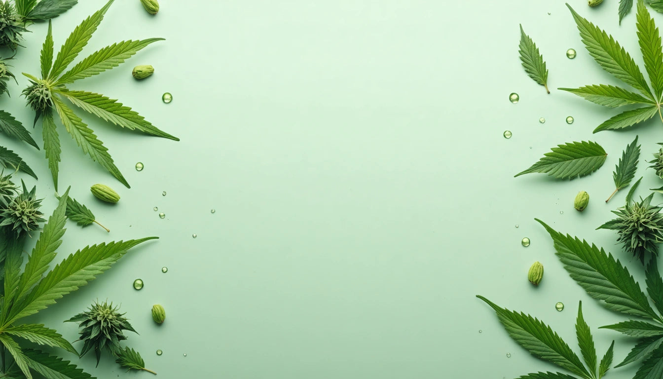Green leaves and buds scattered on a light green background with small water droplets