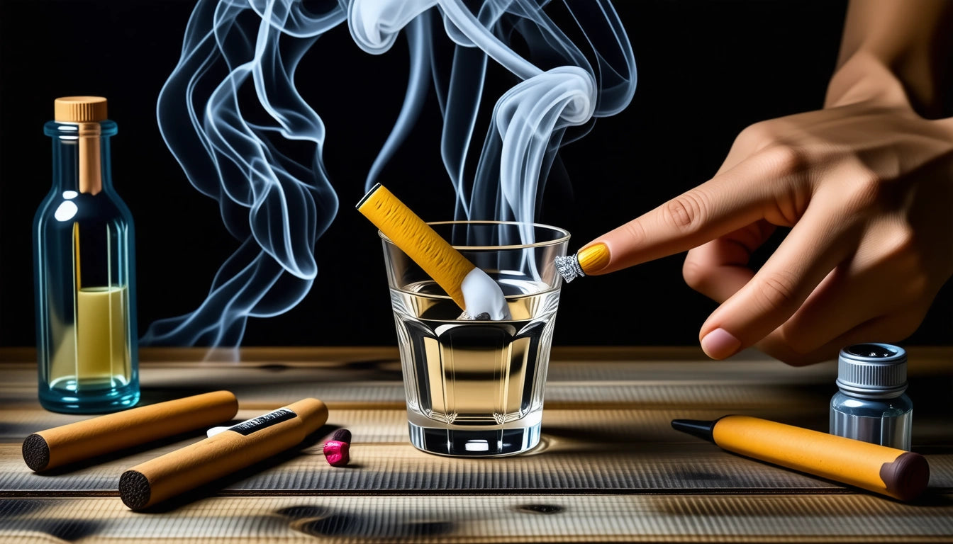 Hand with yellow nail polish pointing at smoking cigarette in glass. Wooden table with cigars, pill, small bottle, and vape pen