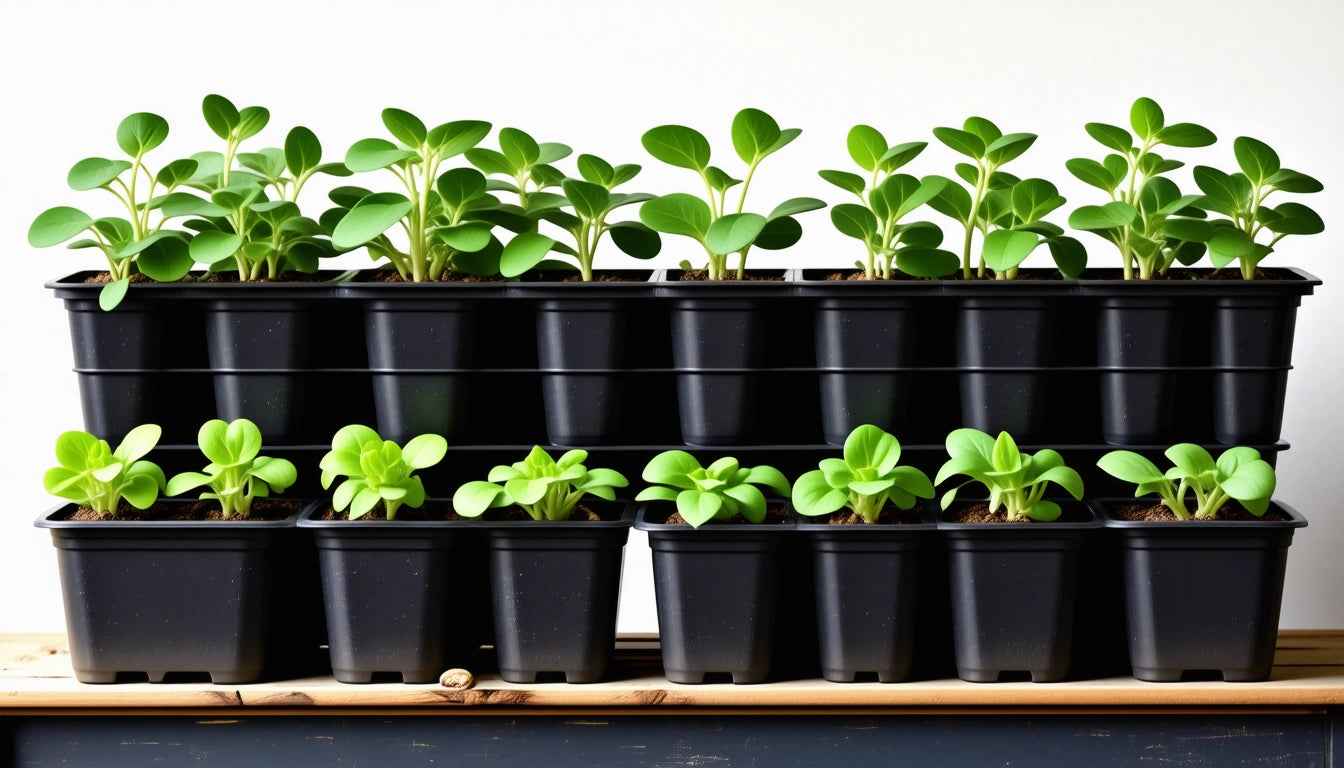 Rows of green seedlings in black plastic pots on a wooden shelf against a white background