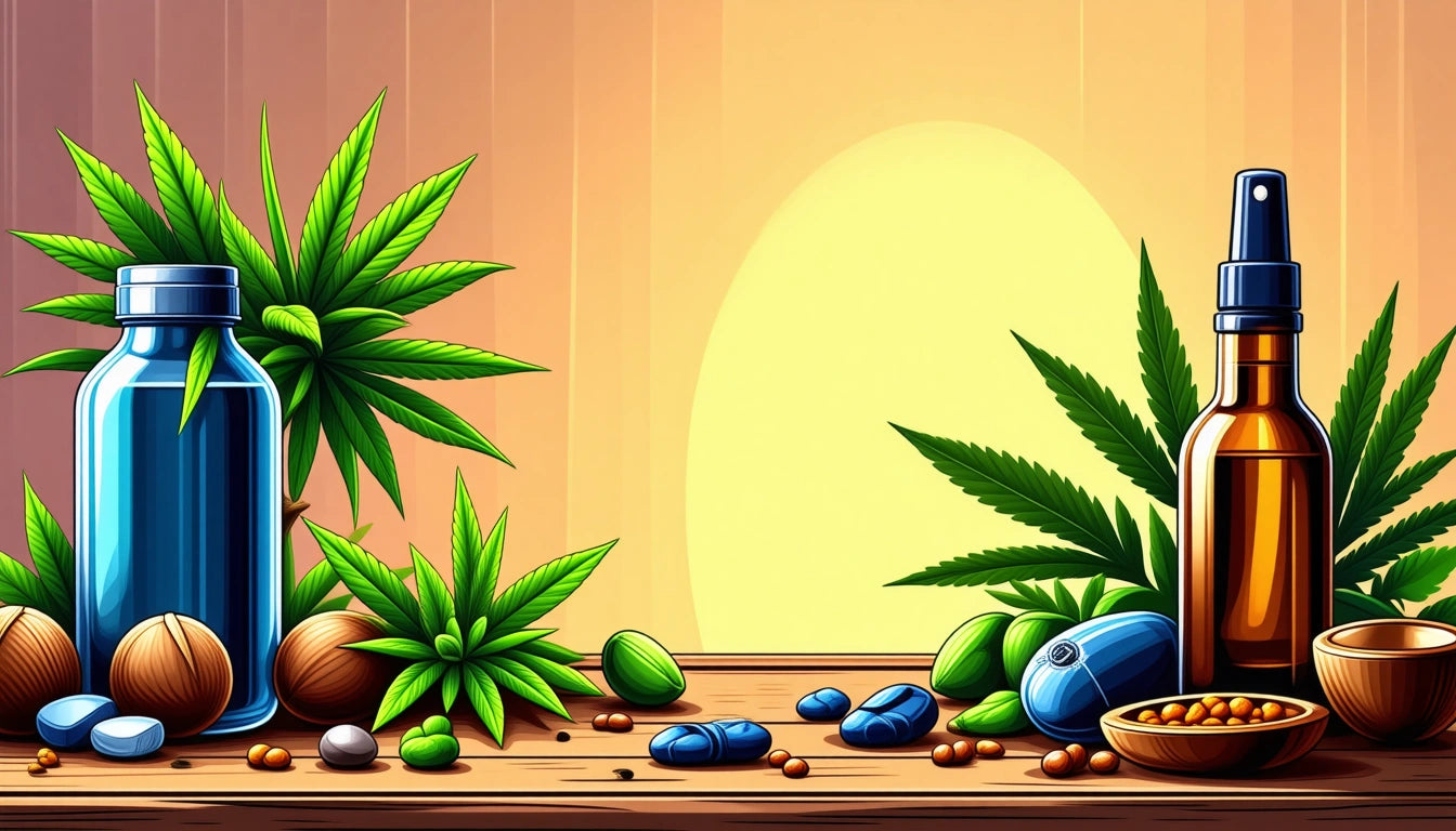 Glass bottles, green leaves, nuts, and blue capsules on a wooden surface with a yellow gradient background