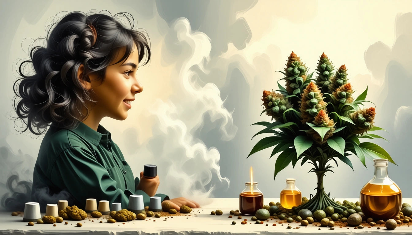 Young person with curly hair holds a cup, facing a table with a plant, candles, and small bottles, surrounded by smoke