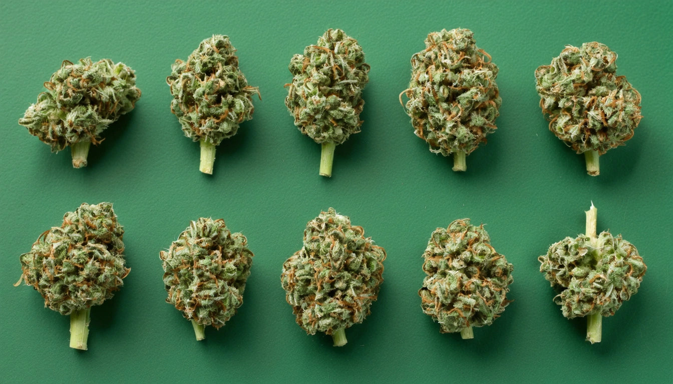 Ten clusters of green and orange plant buds arranged in two rows on a green background