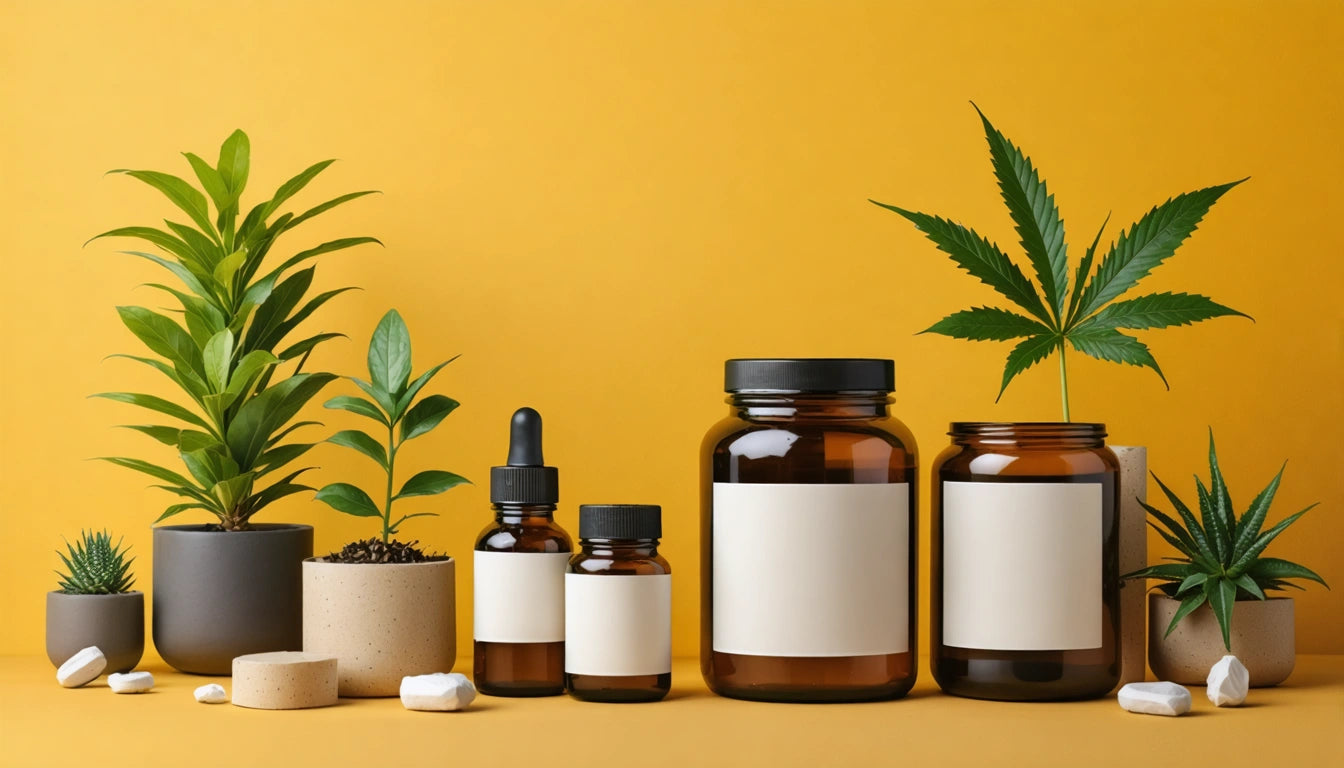Brown glass bottles with blank labels, surrounded by potted plants on a yellow background