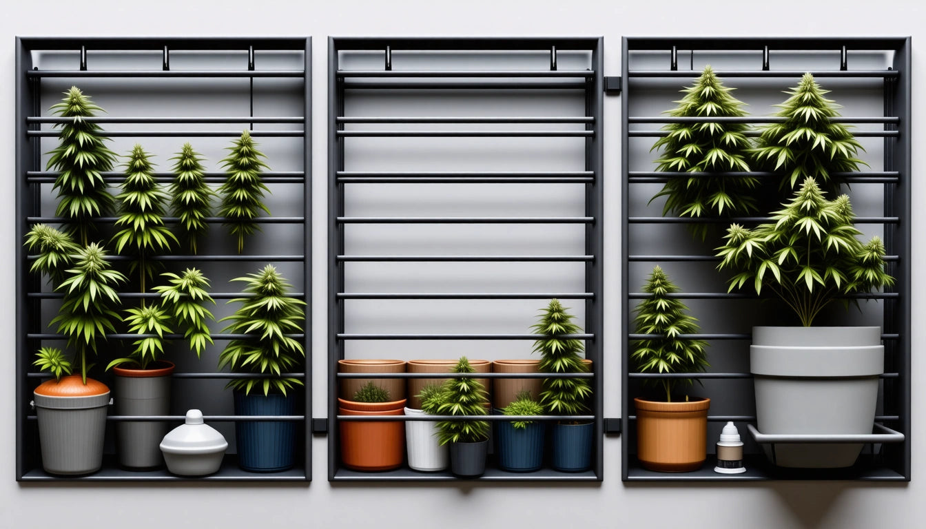 Three vertical metal racks with small potted plants, including various green leafy plants in colorful pots