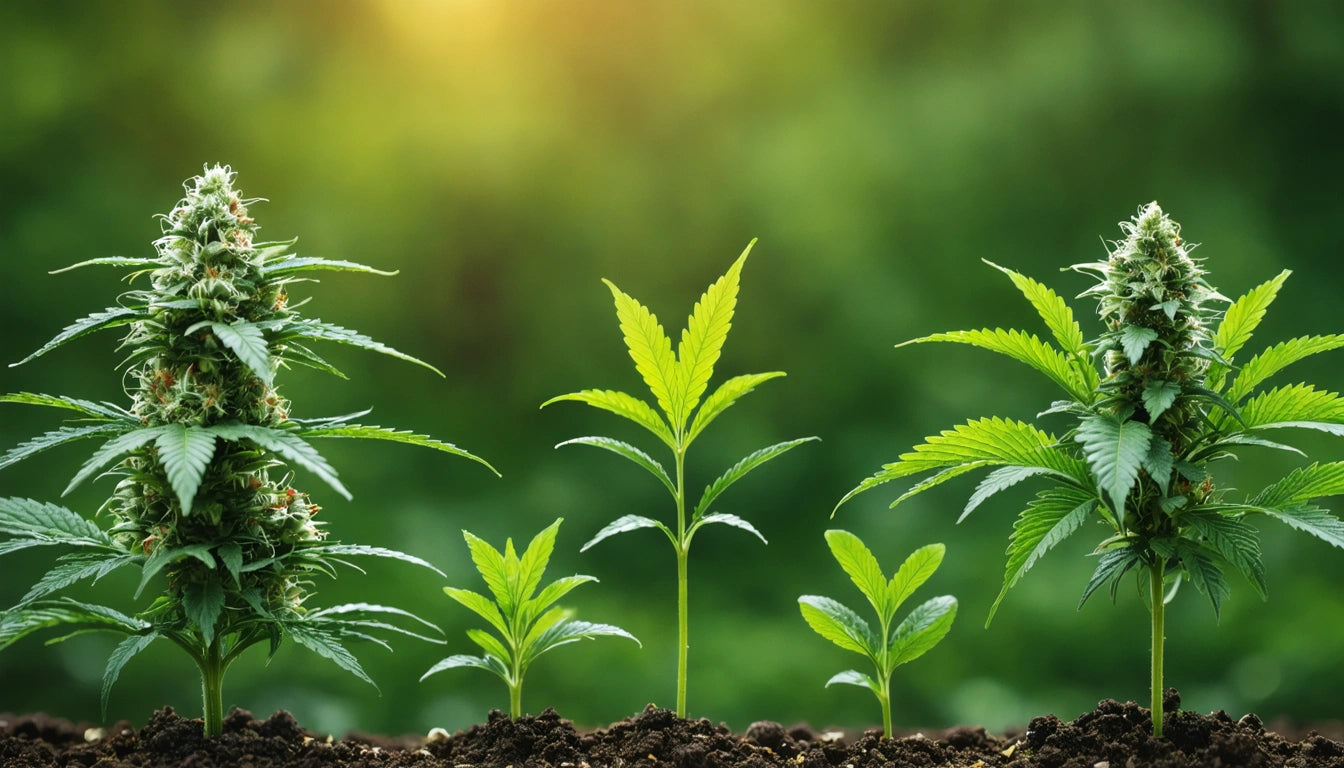 Three small plants and two larger flowering plants in soil against a blurred green background with sunlight