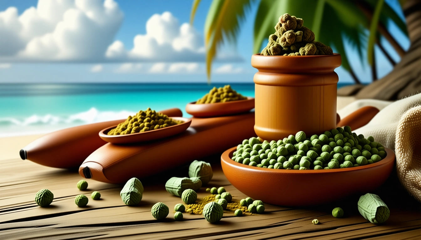 Wooden bowls filled with green and brown spices on a wooden table, with a beach and palm trees in the background