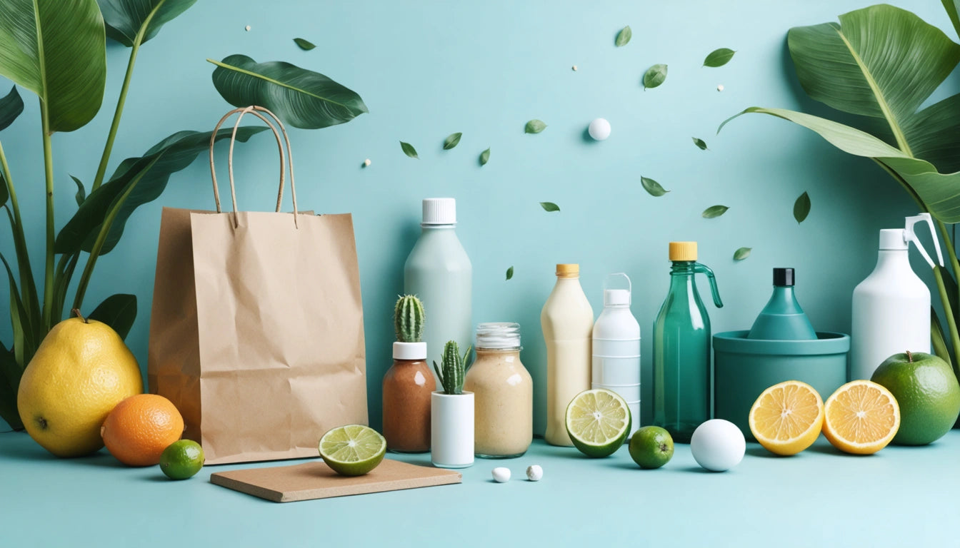 Brown paper bag, assorted bottles, and citrus fruits on a turquoise background with green leaves scattered around