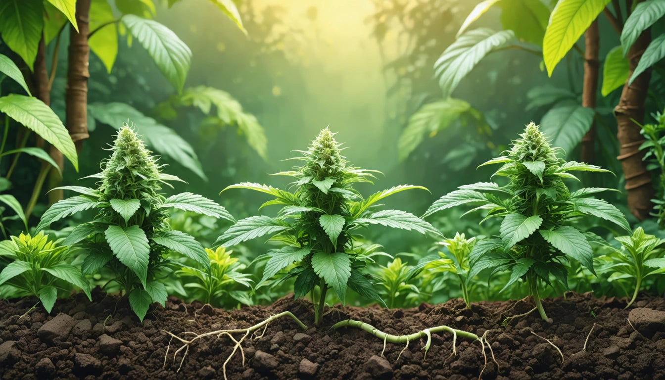 Three lush green plants with broad leaves and visible roots in soil, surrounded by dense foliage under soft, warm light